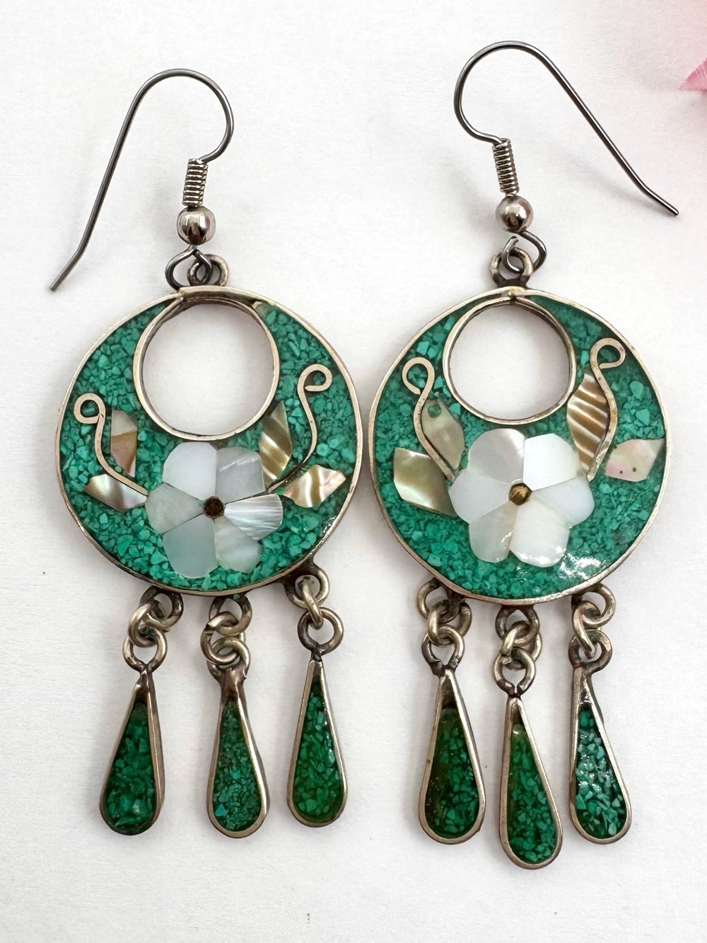 Alpaca Chandelier Earrings Shell Flower Inlay Teal Mosaic Floral Beach Mexico